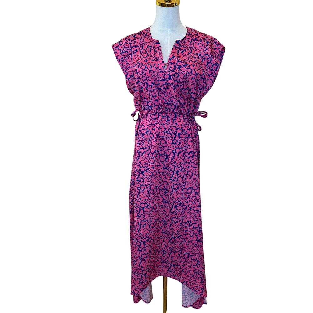 Derek Lam Pink Blue Floral Midi Dress MEDIUM Fit Flare Lightweight Designer $175 - Picture 9 of 12
